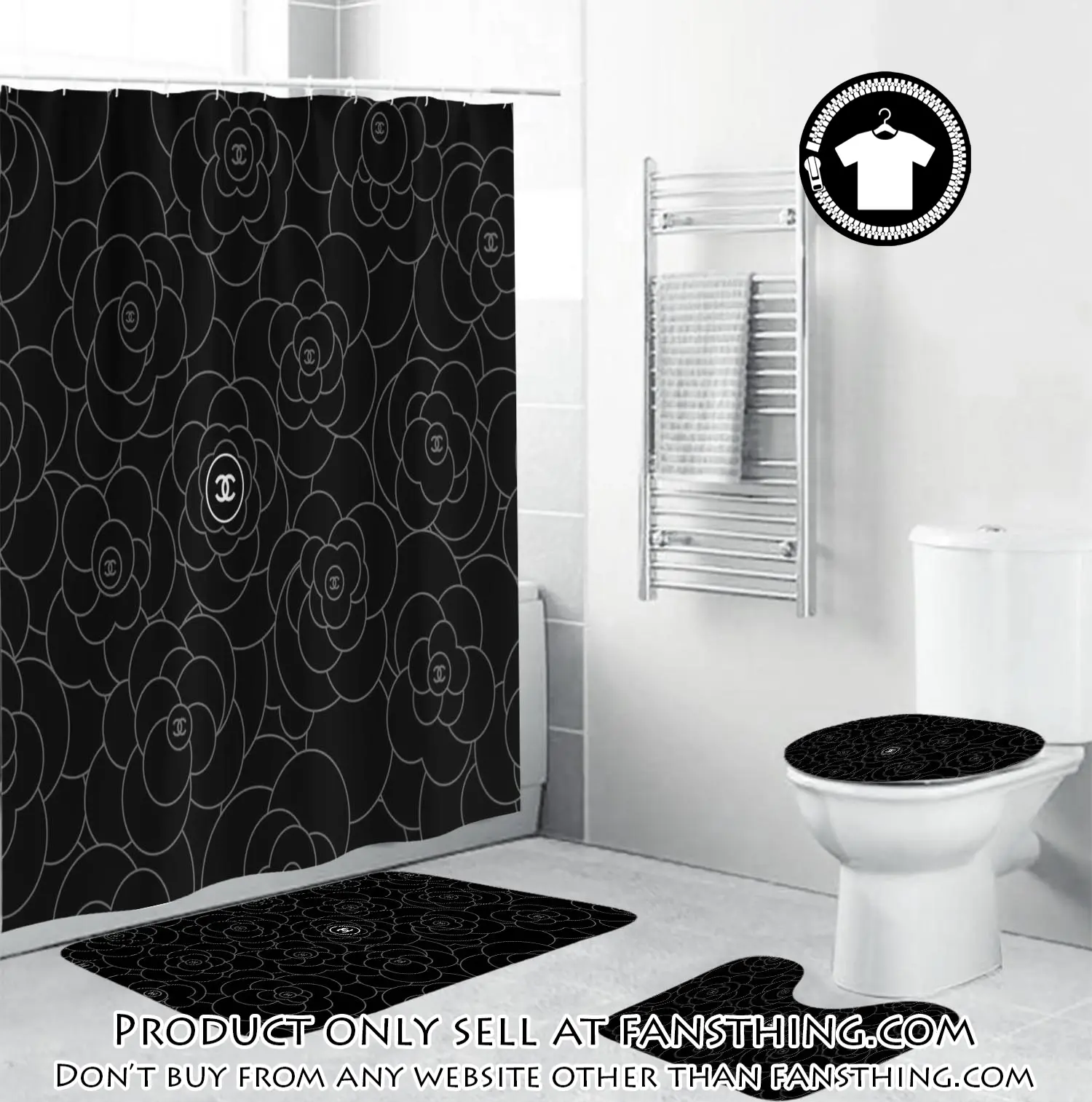 Chanel white signature flower in black background bathroom set accessories fst4752995